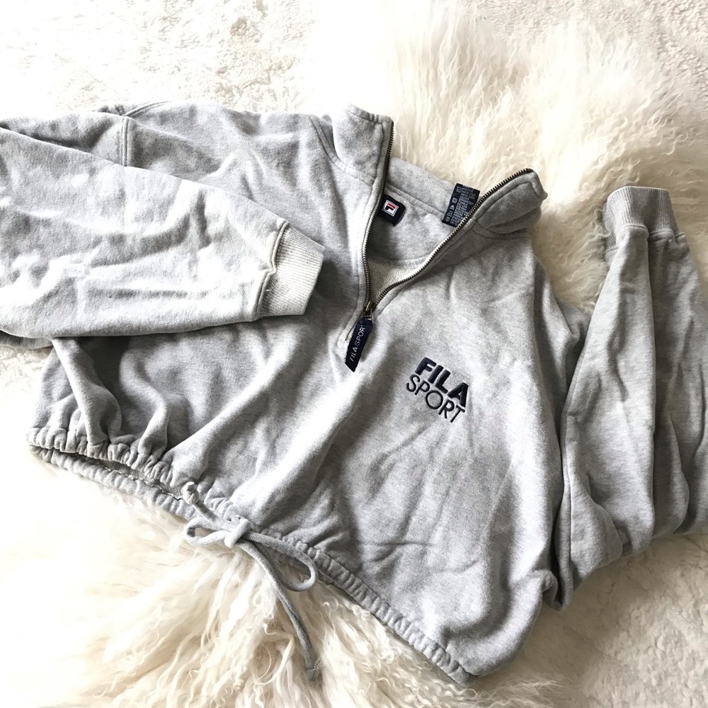 Reworked Fila Crop Top Grey Half Zip Sweatshirt Waist Tie - Picture 2 of 9